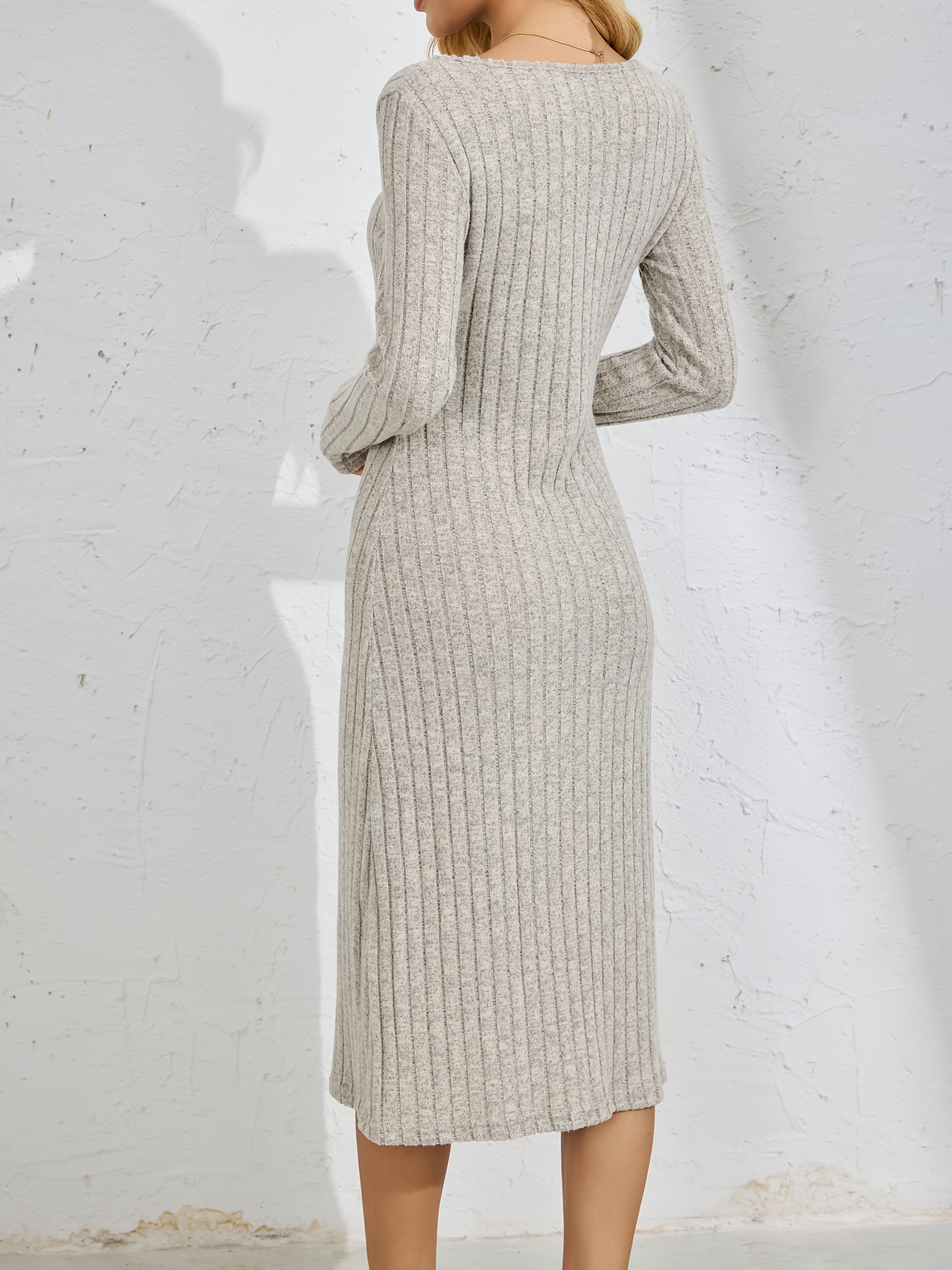 ribbed plain color a line dress elegant long sleeve dress - Temu