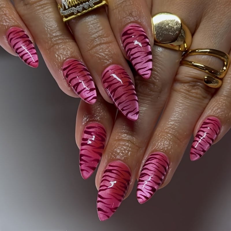 TEMU 24 Stück/Beutel Knallpink Zebramuster-Press-On-Nägel, Mandelform, mit Gel-Klebepads