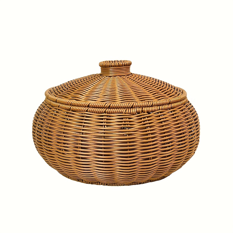 Handwoven Storage Basket with Lid - Large Boho Desktop Organizer Bin for Bedroom, Closet And Makeup Jewelry Storage, Woven Decorative Box, Shelf Baskets