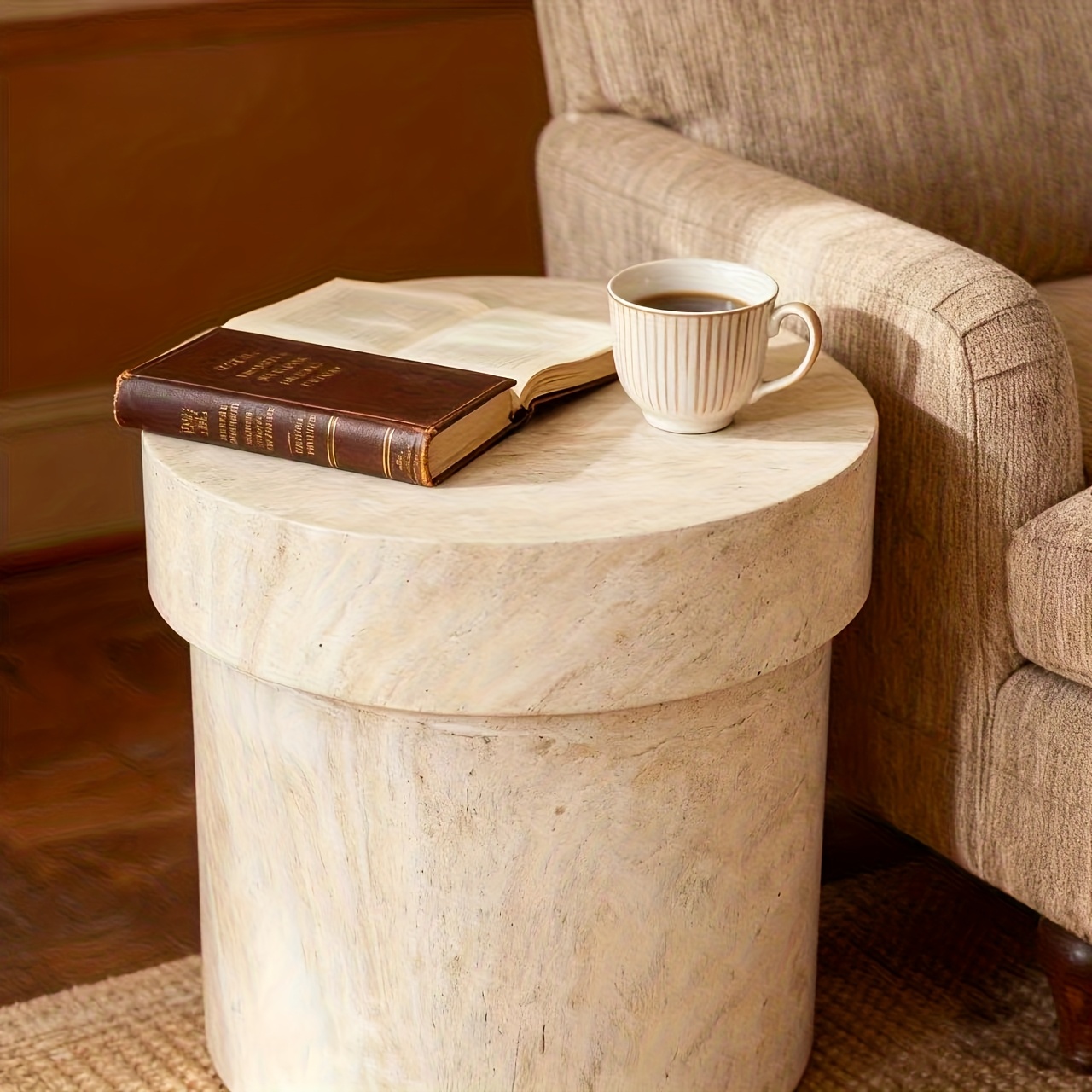 1pc Vintage Natural Stone Side Table, Luxury Bedside Table for Bedroom, Light Luxury Style Accent Table for Living Room
