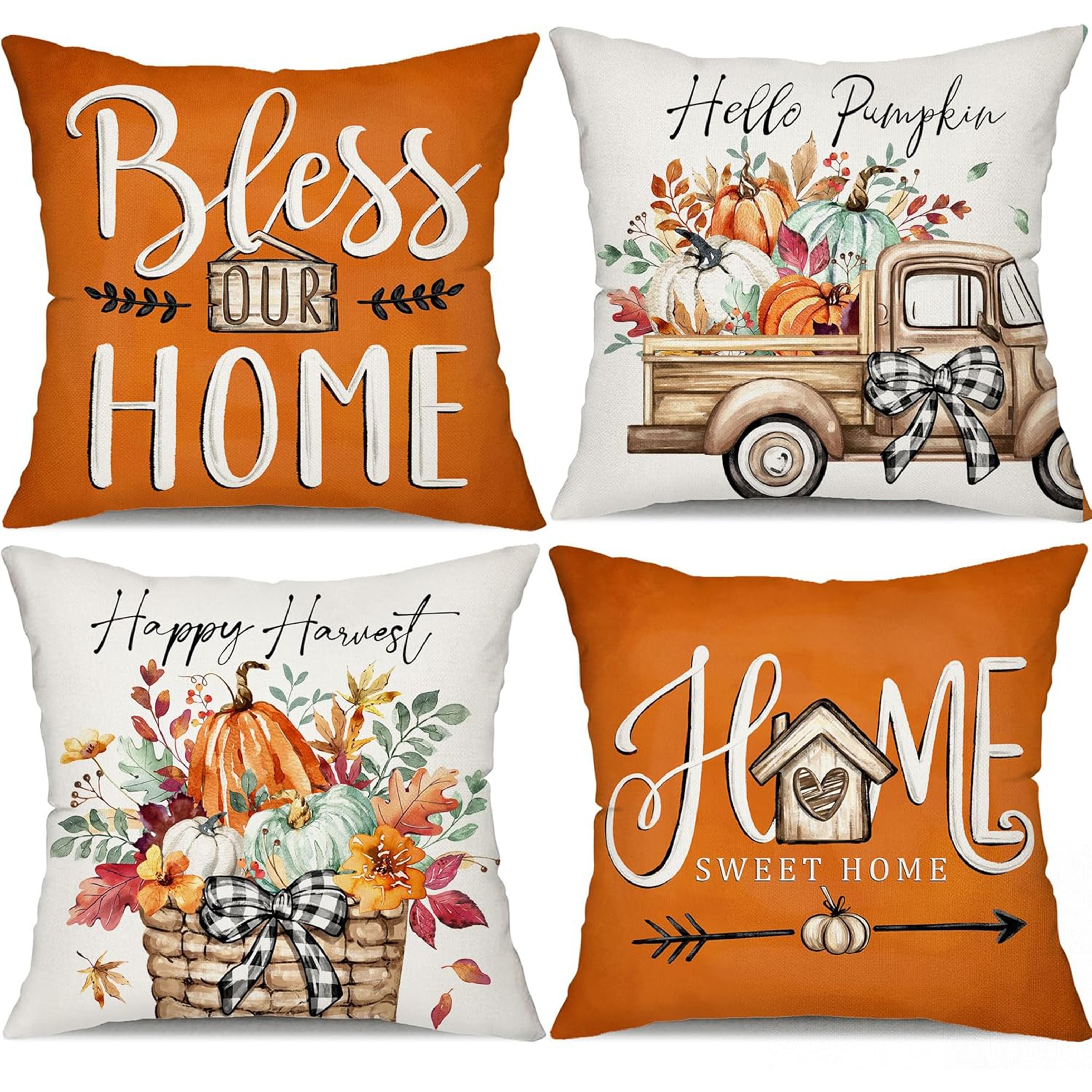 

Autumn 4pcs Pillow Cover Set - Harvest & Thanksgiving Designs With And Pumpkins, Soft Polyester, Zip Closure - Living Room & Bedroom Decor, Multiple Sizes (16x16, 18x18, 20x20 Inches)