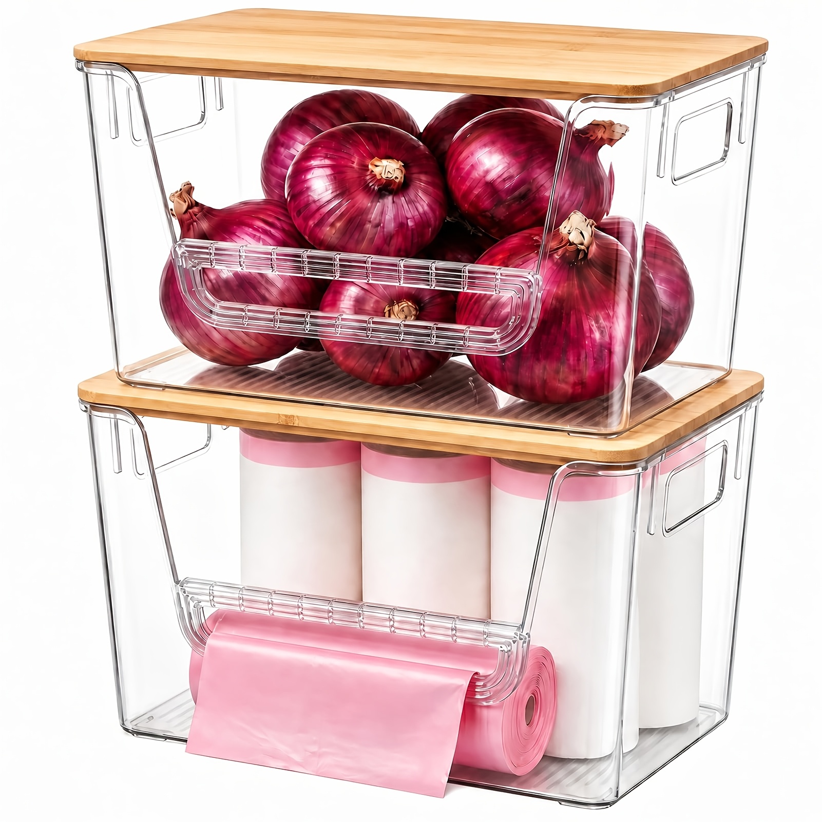 TEMU 2 Sets Pantry Organizers And Storage, With Lids, For Producestackable, Clear Front , Kitchen Storage Containers For Potatoes, Onions, Garlic,