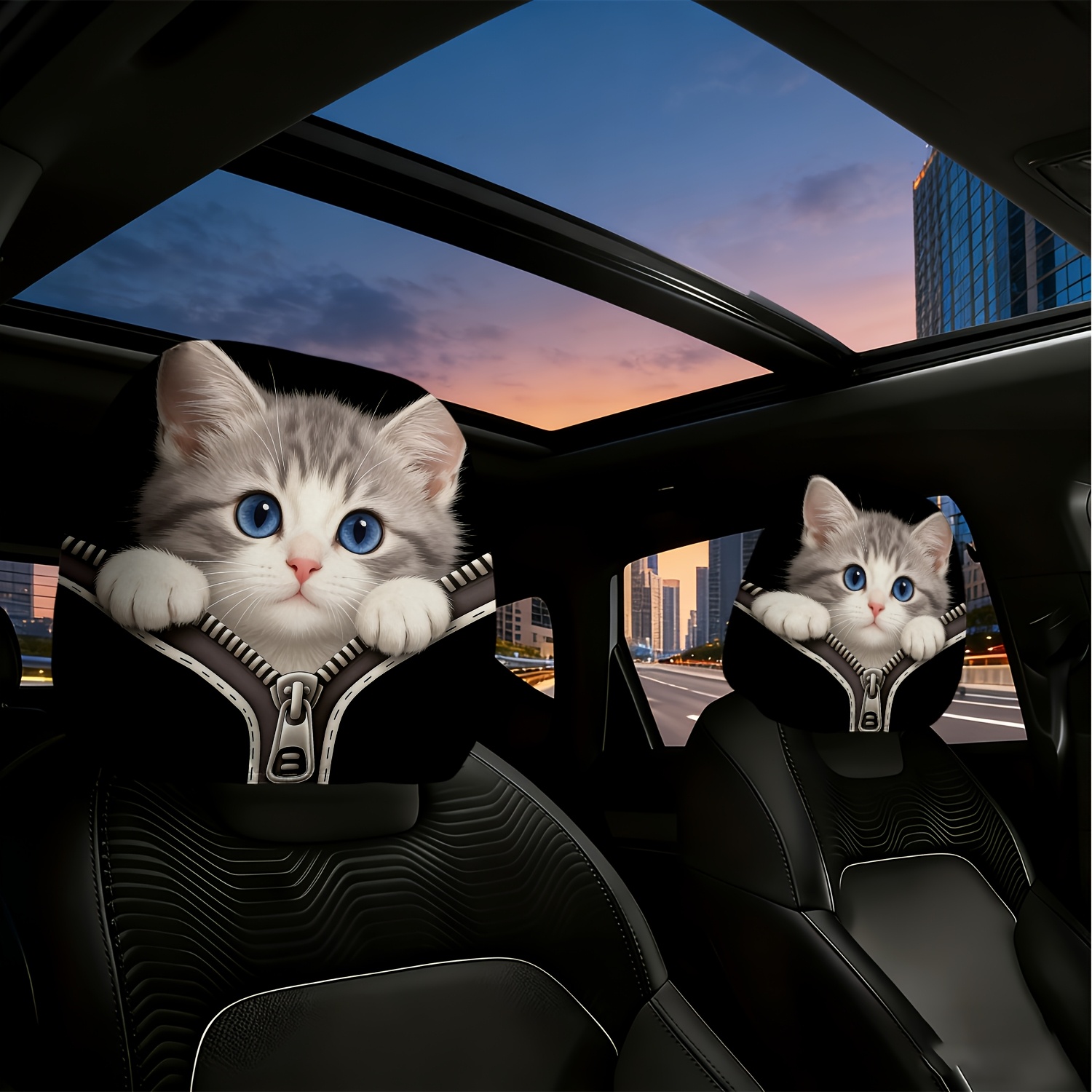 TEMU 2pcs Car Headrest Covers, Kitten Peeking Zipper Crevice Theme 2d Printed Universal Seat Headrest Protector, Suitable For Cars And Trucks,