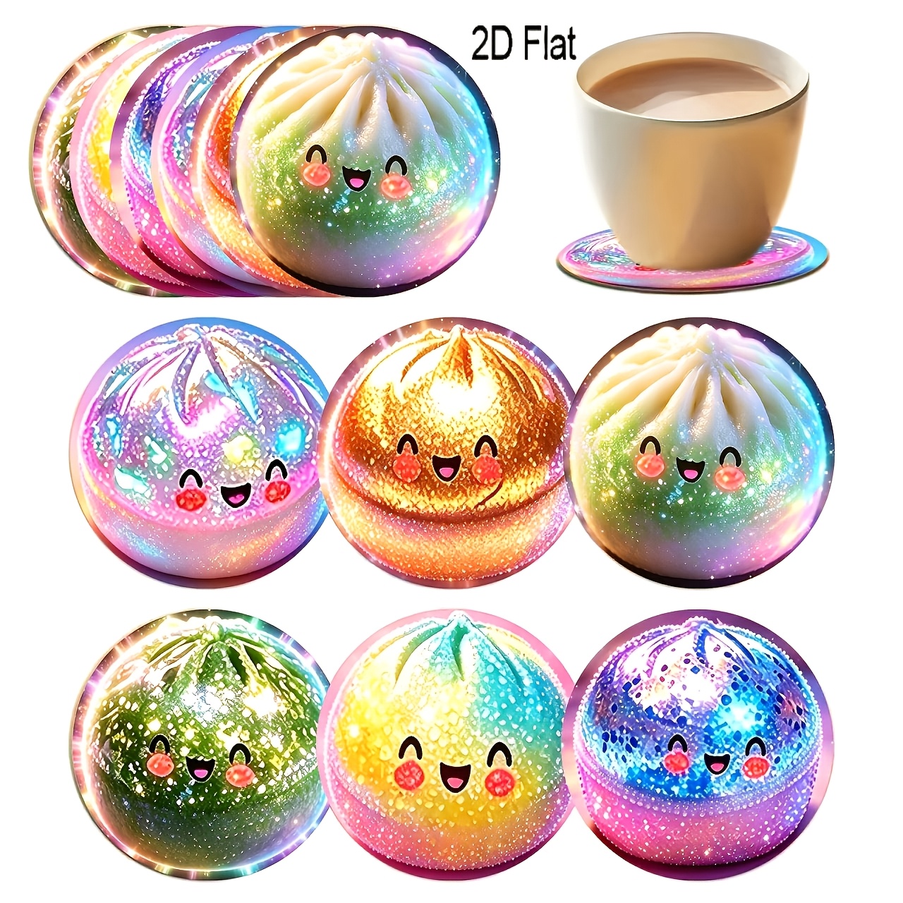 TEMU 2d Flat 6pcs Set Of Cute Baozi Pattern Round Wooden Coasters, Made Of Heat-resistant Synthetic Wood, Perfect For Home And Office Holiday Gifts.