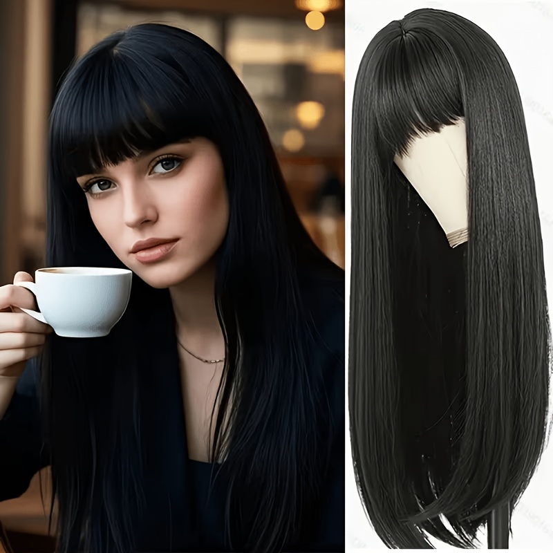 TEMU Peluca sintética de 65 cm de largo para mujer, de moda, color , con flequillo, sintéticas resistentes al , cabello , gorra de red transpirable,