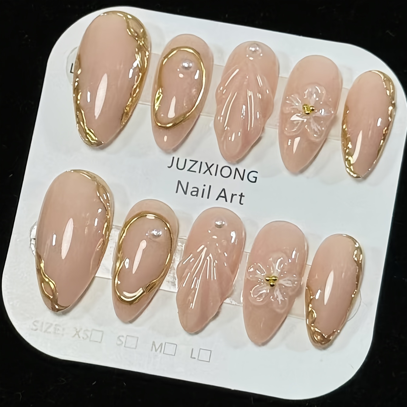 TEMU 10pcs Of Handcrafted 3d Carved Small Steel Patterned Golden Pink Round Circle With Golden Edges, Stylish And Easy Spring Fake Nail Tips