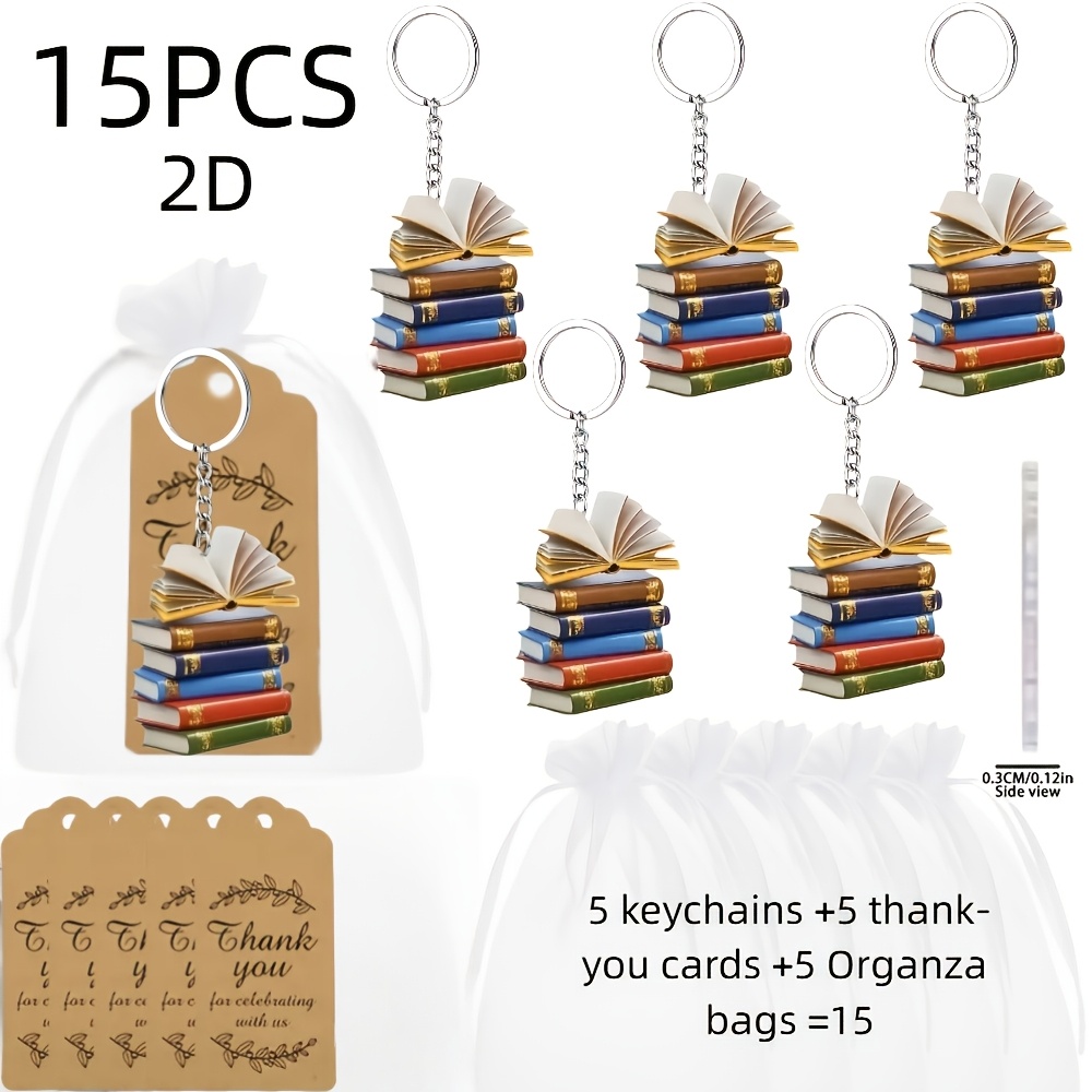 TEMU 2d Flat - 2d Plane, 15pcs Creative Book Keyring Pas Magic Book Style Keychain Gift Pack - Includes 5 2d Design Acrylic Keychains + 5 Thank You