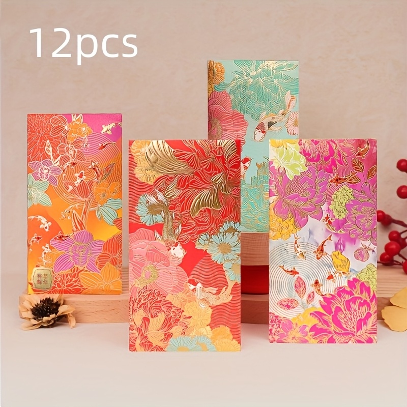 TEMU 12-pack Lunar New Year Money Envelopes And Thank You Cards - Random Colors And Styles, Red Floral Lantern Design With Golden Accents, Multicolor
