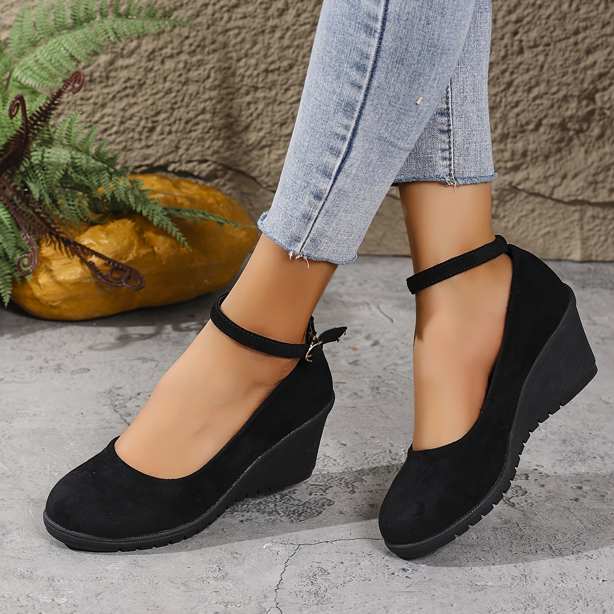 womens casual black wedge shoes adjustable ankle strap solid - Temu  Mauritius