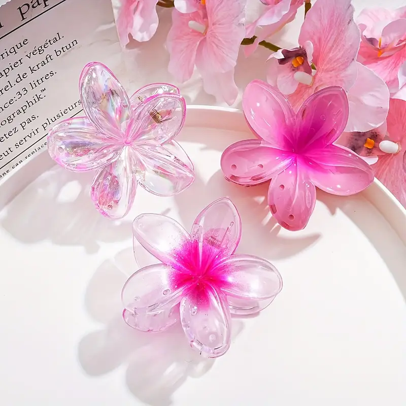 6pcs transparent color hair clips three plumeria combination 6pcs set shark clip transparent color hair clips luxury headdress plumeria hair clips high ponytail clips Product details 3