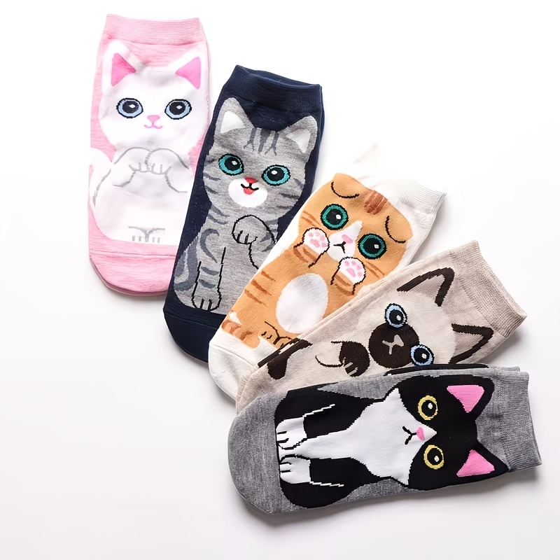 TEMU 5 pares de calcetines de moda japonesa y coreana para mujer con gatos - Lindo estampado de gatitos, transpirables, pantorrilla, , adecuados para