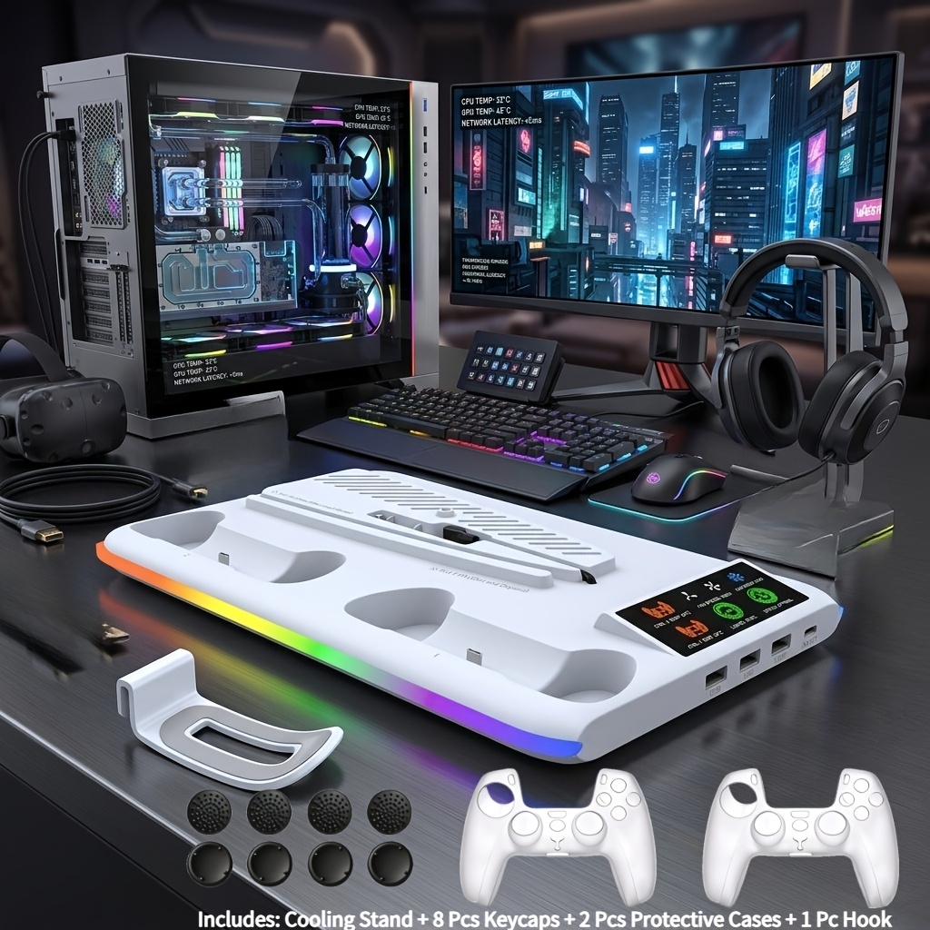 TEMU Multifunctional Cooling Stand For Ps5/ps5 Slim/ Console, Dual Controller Charging Station With Rgb Light And Headset Storage Hook And 3-level