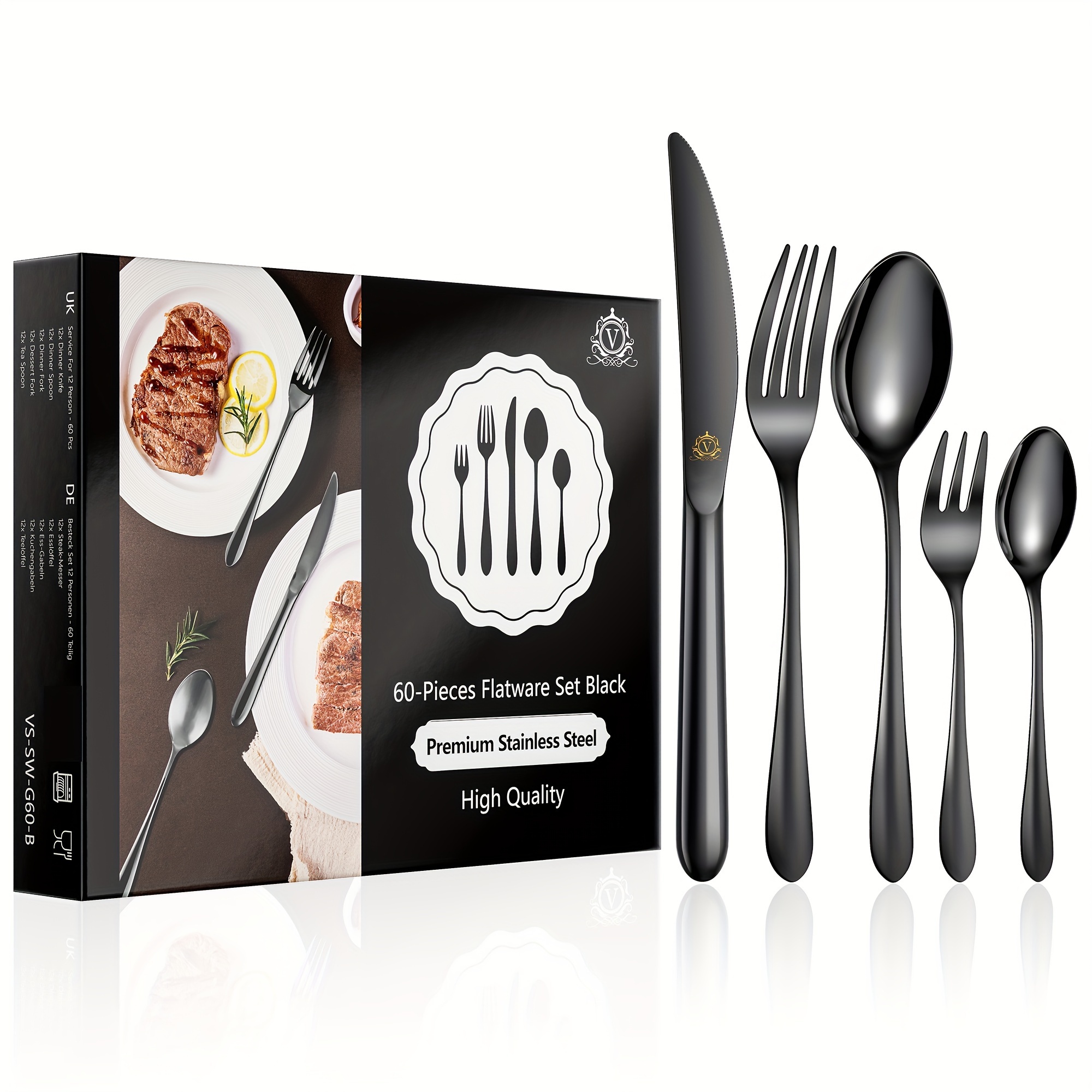 

30 Pcs Cutlery Set Black Stainless Steel Silverware Set For 6 People Mirror Polished