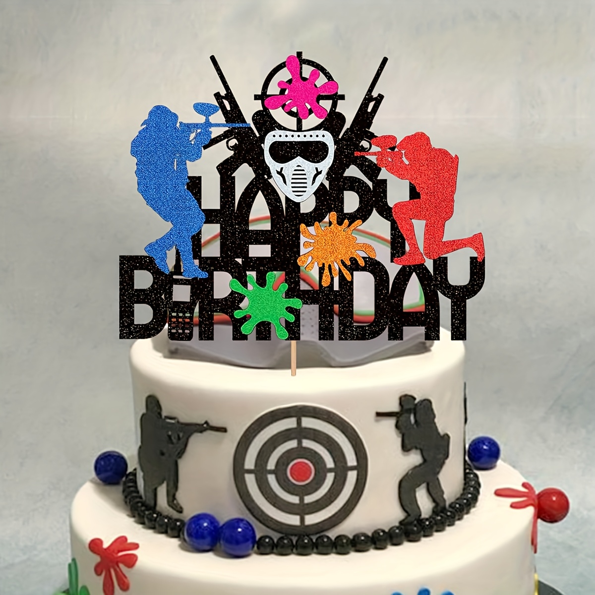 1pc Paintball Birthday Cake Topper Shooting Game Theme with Player  Cutouts, Happy Birthday Lettering for Party Decorations, Cupcake