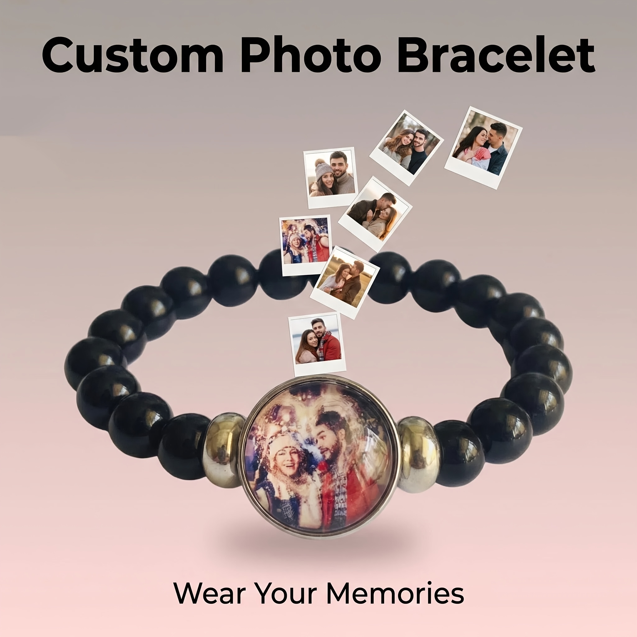 TEMU [customization] 1pc Personalized Photo Men's Women's Bracelet, Black Beads And Patch, Suitable For Couples, Family, , For Gifts