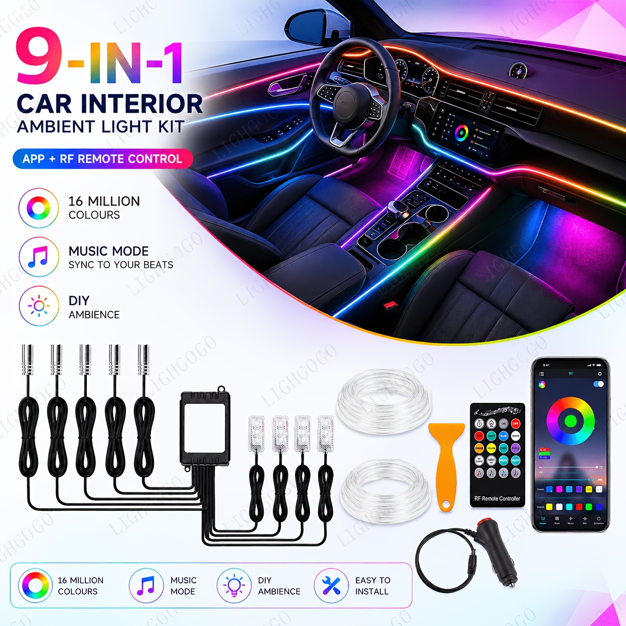 TEMU 9-in-1 Car Interior Light, App/remote , Dynamic Atmosphere, 16 Million Colors Refresh Cabin, Dc12v Neon Kit