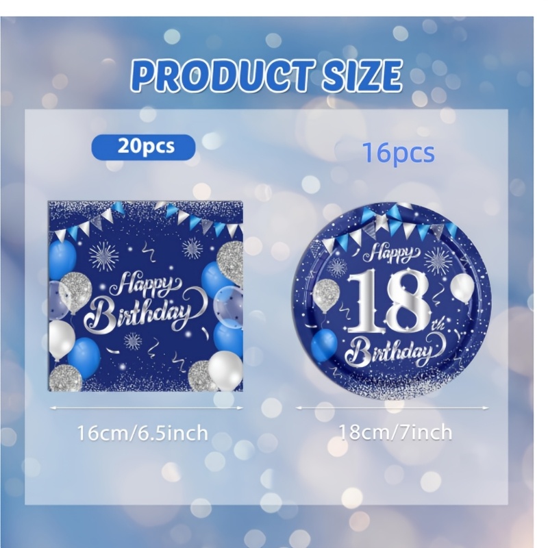 TEMU Ensemble de fête d'anniversaire 18 ans, 36 pièces, " Anniversaire", thème bleu et argenté, cadeaux de fête jetables pour hommes et femmes,