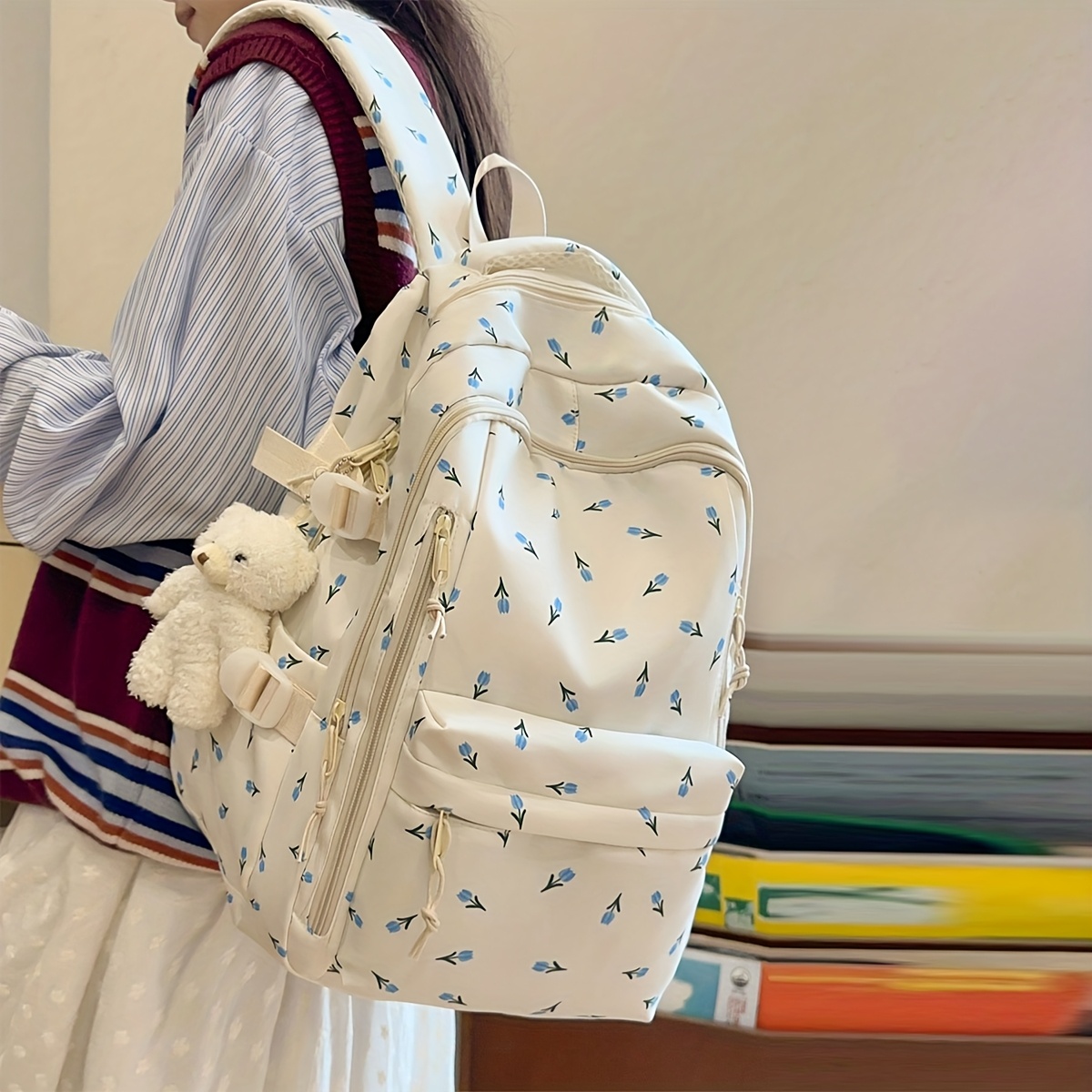 fashion printed rose ladies backpack multi compartment and pockets thick and sturdy student backpack with teddy bear pendant decoration large capacity details 7