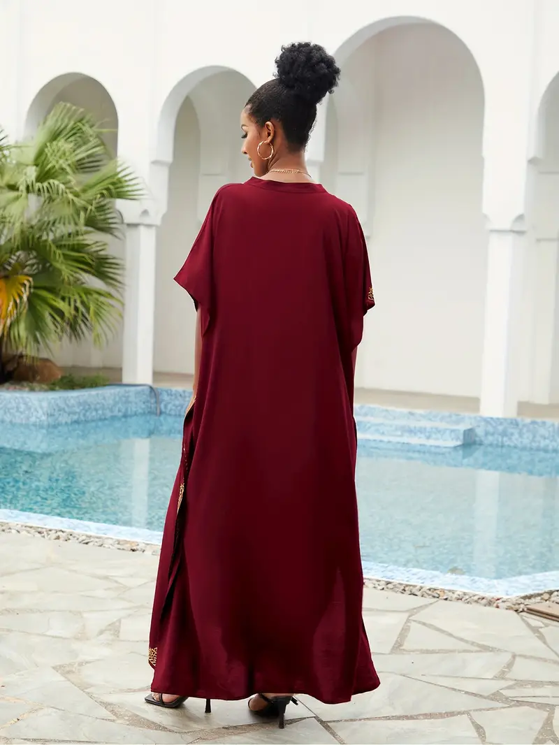 RanRui Women's Ethnic Print Beach Caftan - Oversized Bohemian Kaftan Dress, V-Neck Batwing Sleeve, 100% Rayon, Swim Cover-Up