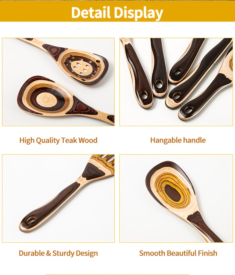 Pakkawood Spurtle Set, Kitchen Utensils Set For Cooking, WOSPONFAN 7pcs Pakkawood Wooden Cooking Spoons & Spatulas With Spoon Rest, Safe For Non-Stick Cookware, Outdoors & Kitchen Gift (Brown Spoon-7pcs)