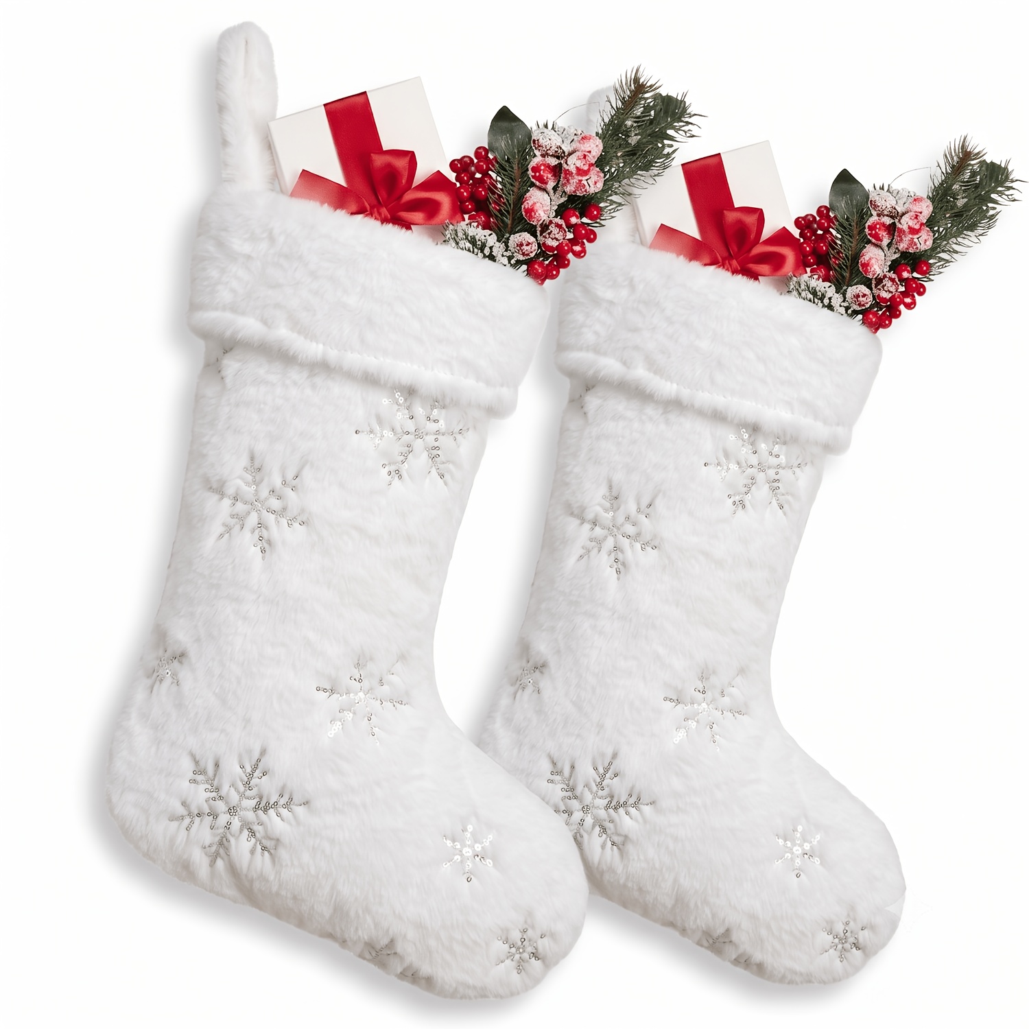TEMU 2pcs White Christmas Stockings, 18-inch, Large Soft Faux Fur Christmas Stockings With Silvery/golden Glitter Snowflake Pattern, Plush Fireplace