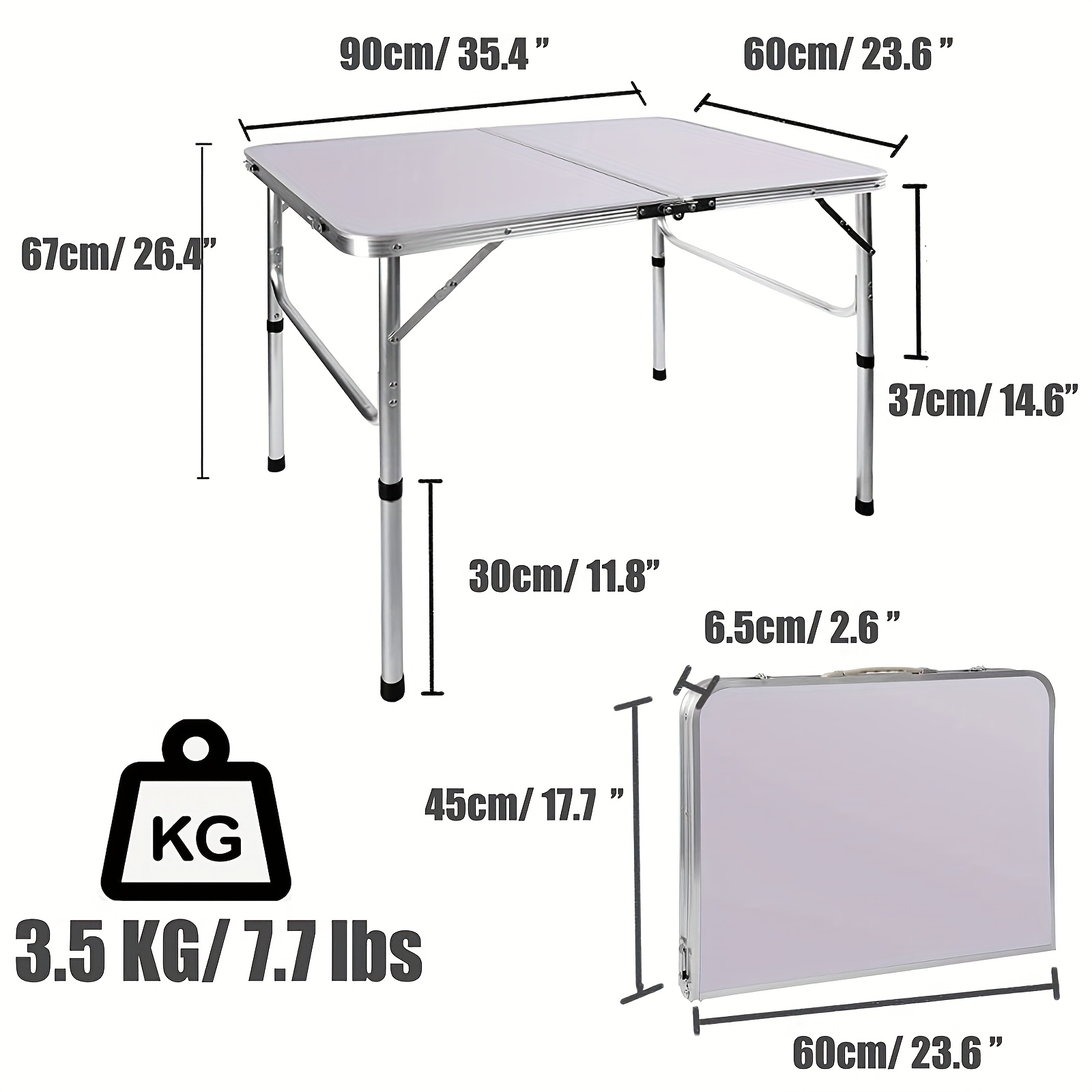 Picnic Folding Tables, 3ft/90cm Heavy Duty Aluminium Foldable Portable Adjustable 2 Lightweight For Camping With Carry Handle For Indoor Kitchen, Dinner, Catering, Buffet And Garden - 90x60x37/67cm