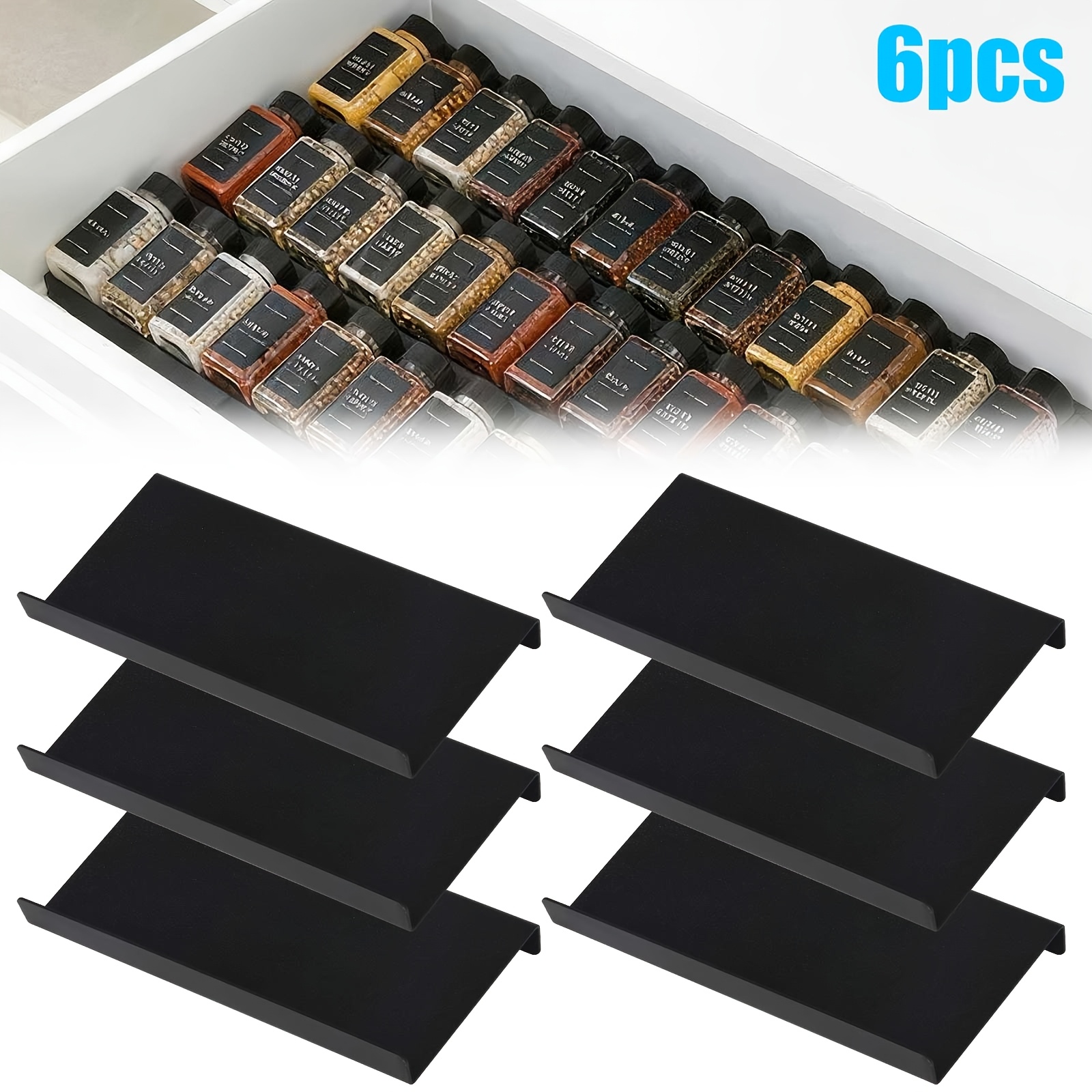 TEMU 6pcs Black Expandable Spice Drawer Organizer, Durable Cabinet And Shelf Storage Rack For Kitchen, , Pantry - Space-saving Countertop