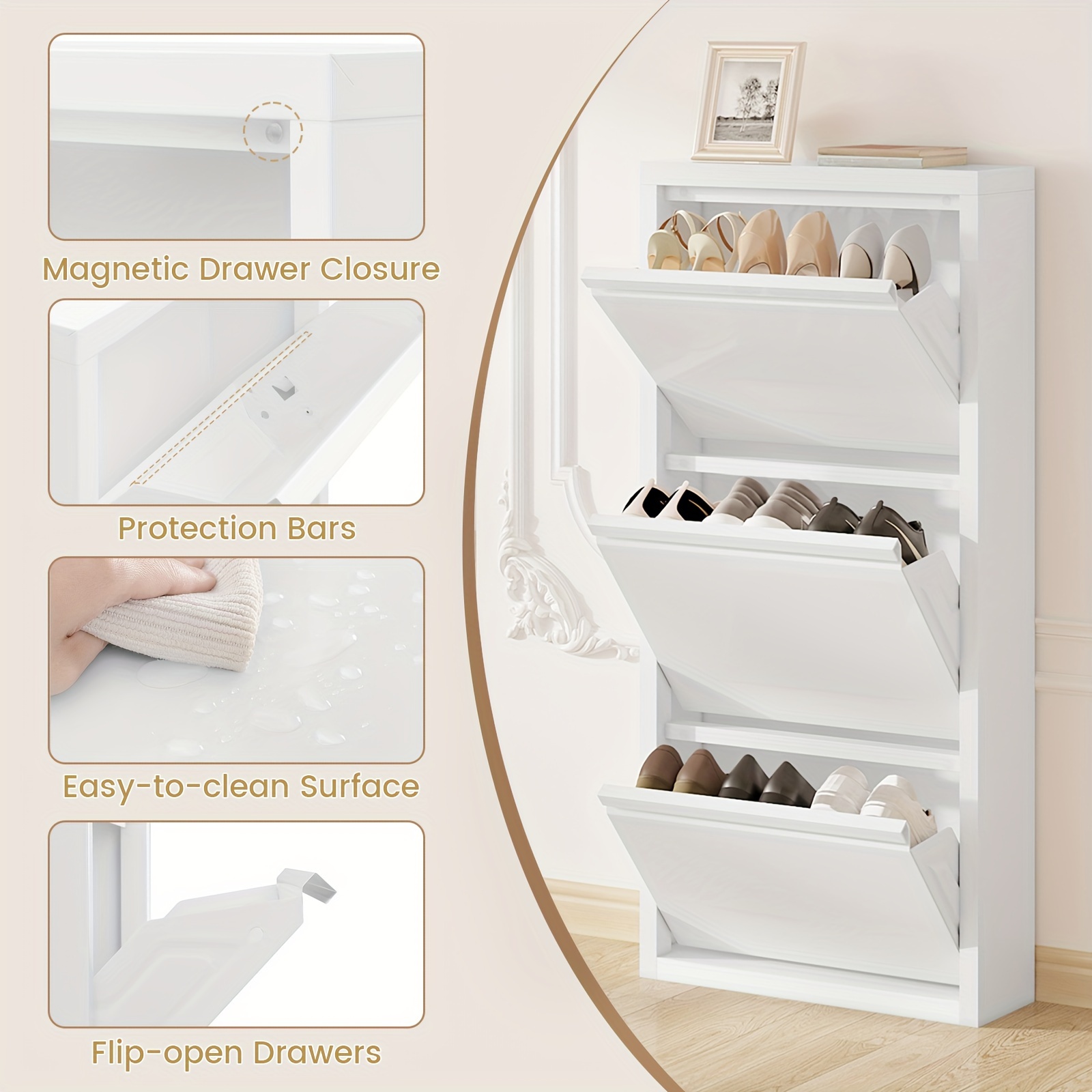 GREATMEET Schuhschrank Schmal - 3 Schubladen Weiß Für Wandmontage