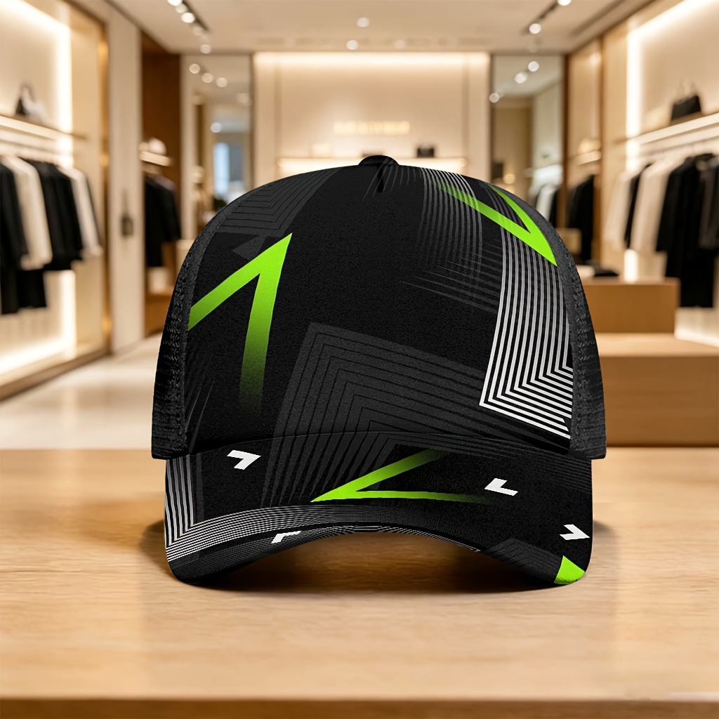 Črna ozadje, neonsko zelena puška, kvadratna, cyber hardcore, geometrijska, abstraktna, potiskana mrežasta baseball kapa, nastavljiva zaponka,
