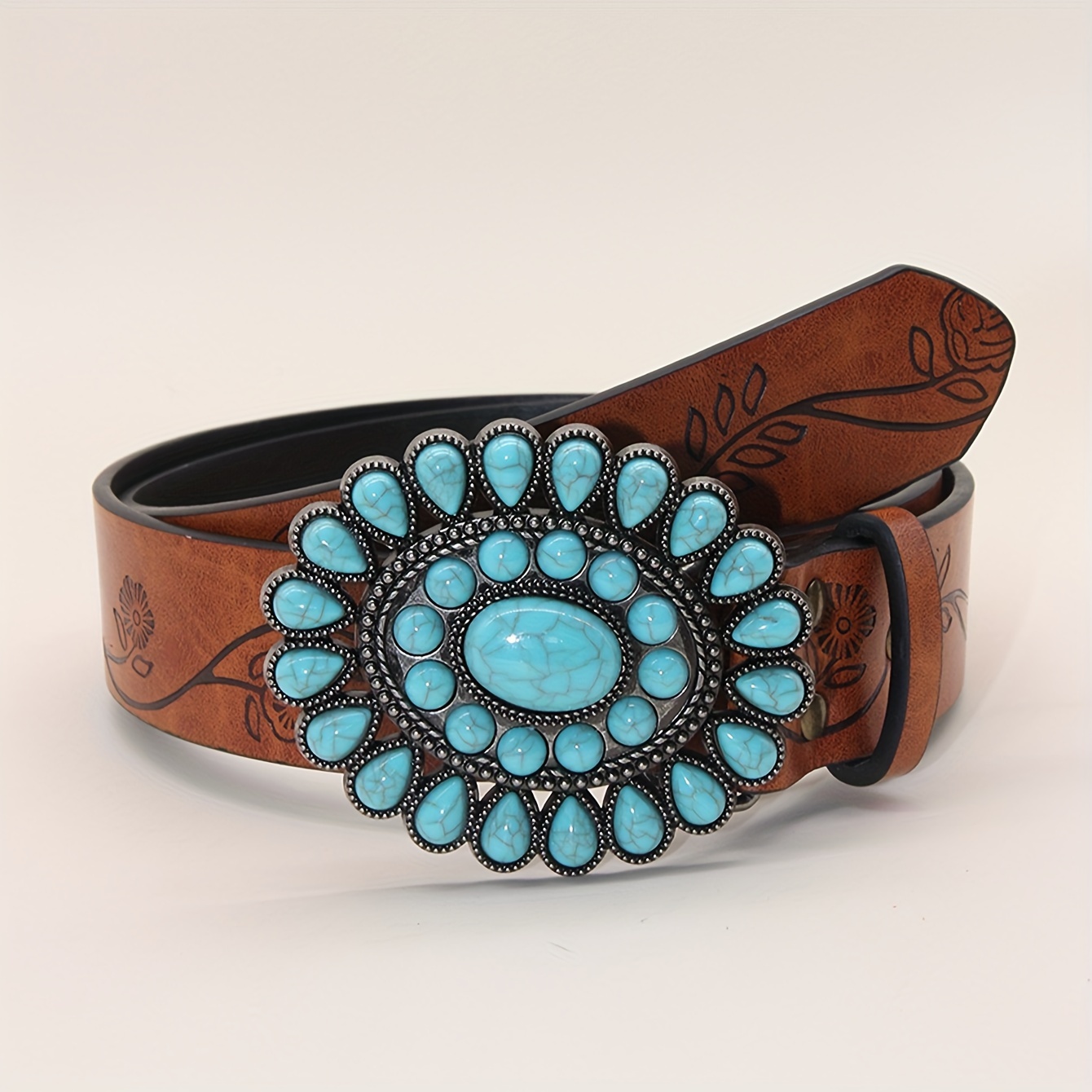 vintage western cowboy embossed belt turquoise black inlay  display picture 1