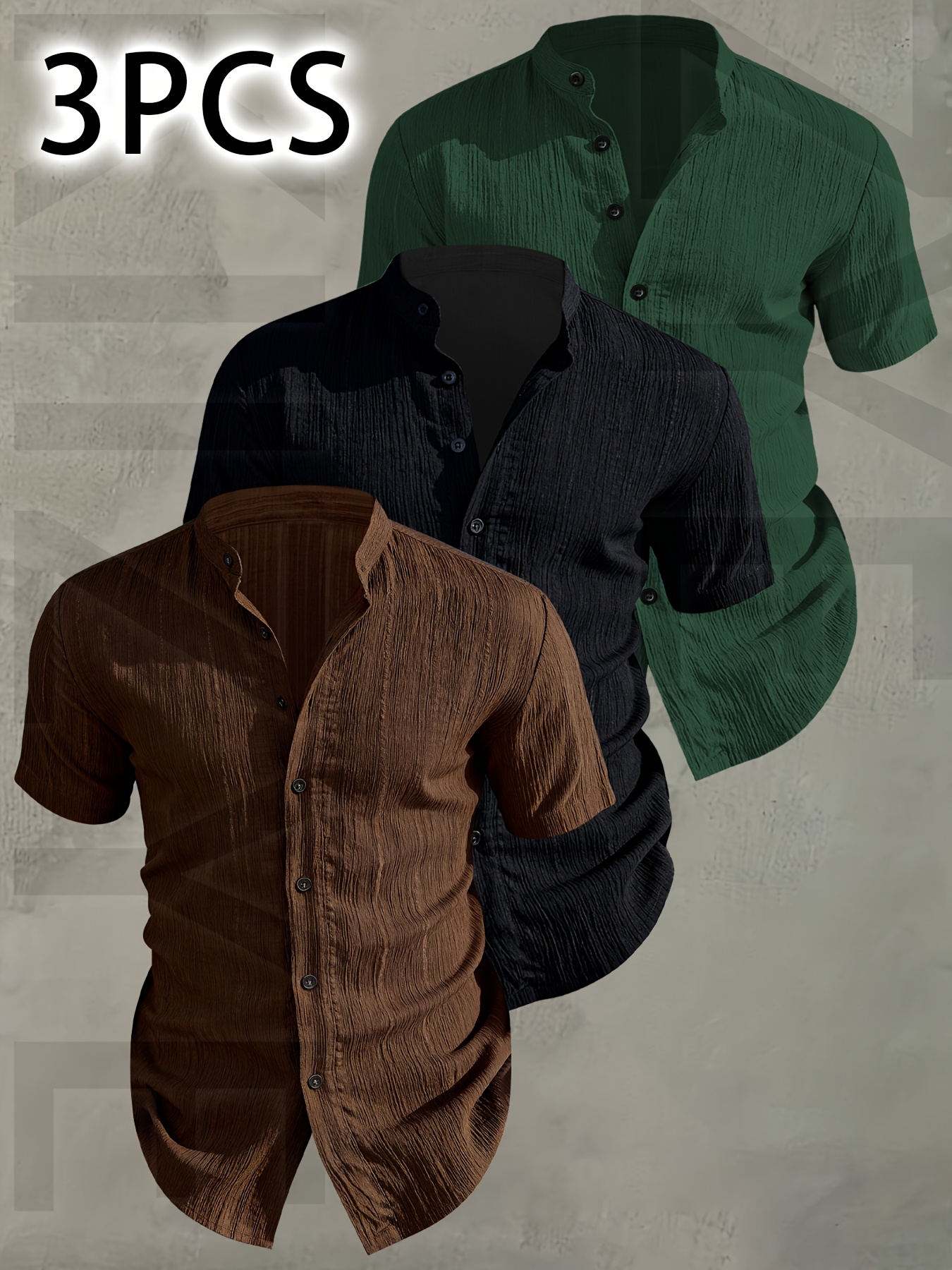   obm 3pcs mens summer short sleeve shirt lightweight breathable solid color button up casual shirt with stand collar machine washable for beach vacation pool party and casual attire beach shirt   gifting