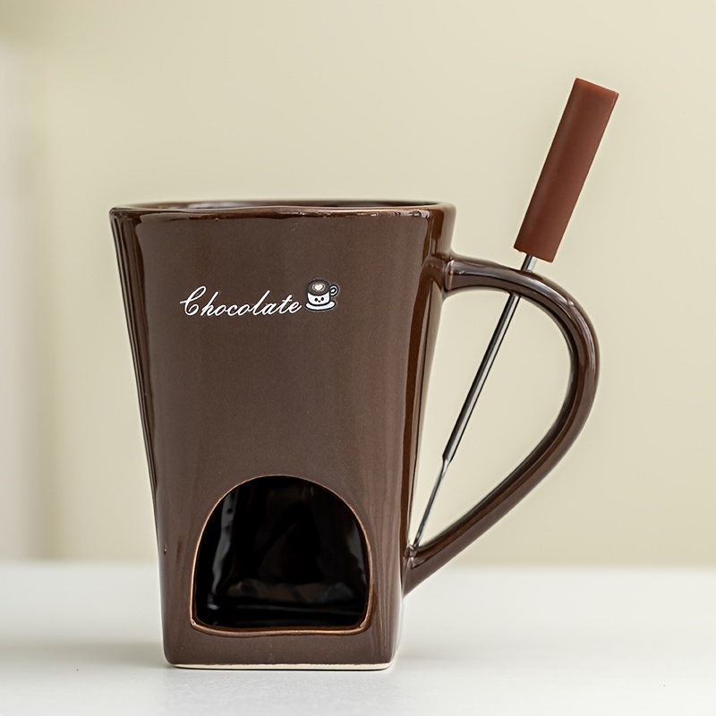 TEMU Chocolate Fondue Mug Ceramic Pot Hot Chocolate Caramel With Fork, 150ml/5oz