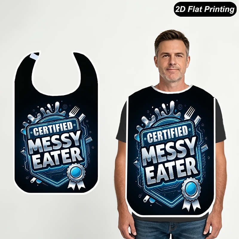 TEMU 1pc Adult Bibs For Women Men And Elderly, Certified Messy Eater Metallic Blue 2d Flat Print Dining Apron, Feeding Bib For Adults, Parties,