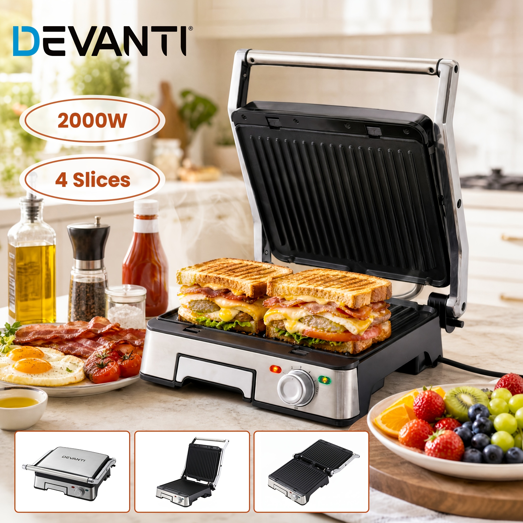 TEMU Devanti 2000w 3-in-1 Sandwich Maker Grill Press 180° Open 4 Slices