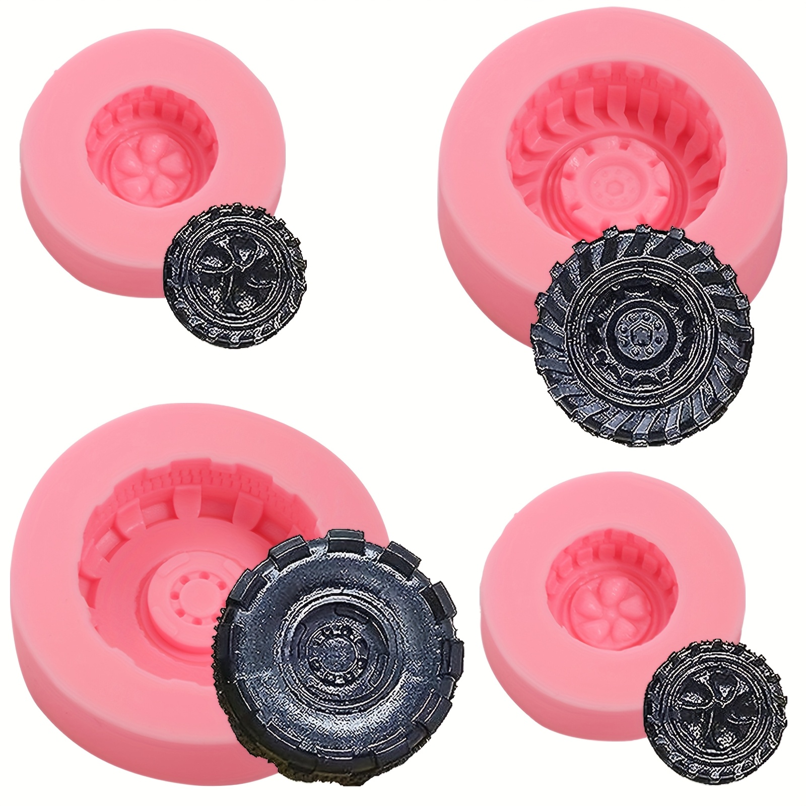 E-shop 3D Runde Reifen-Fondantform, LKW-Rad--Silikonformen 4 Stk., für Kuchendekoration, , Marzipan, Gelee, Pudding, Muffin, Seife, Gips, Epoxidharz,