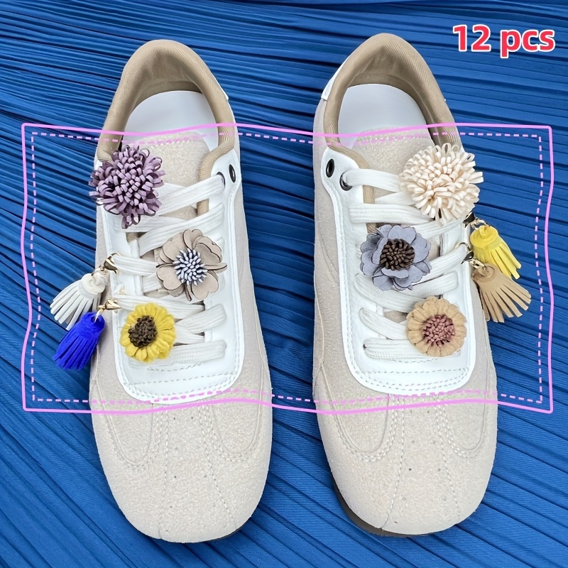 TEMU Ensemble de 8/12 pièces de Clips de Lacets à Fleurs et à Pompons Rétro Boho Faits à - 3 Variétés de Couleurs (Rose, Jaune, Bleu) avec Charmes à