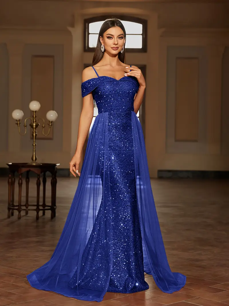 Elegant Off-Shoulder Sequin Mesh Maxi Dress for Women - Long Blue Gown with Sparkling Sequins * Parties, Weddings, and Special Occasions, Evening Gown | Elegant * | Sparkling Sequin Detailing Elegant Off-Shoulder Sequin Mesh Maxi Dress for Women - Long Blue Gown with Sparkling Sequins * Parties, Weddings, and Special Occasions, Evening Gown | Elegant * | Sparkling Sequin Detailing