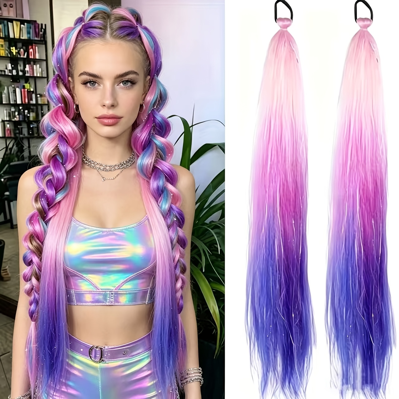 TEMU Feestdagen ombre paardenstaartpruik, Y2-stijl 26 inch lange elastische hoofdband - voor dames, paarse pruik, perfecte keuze voor Kerstmis,