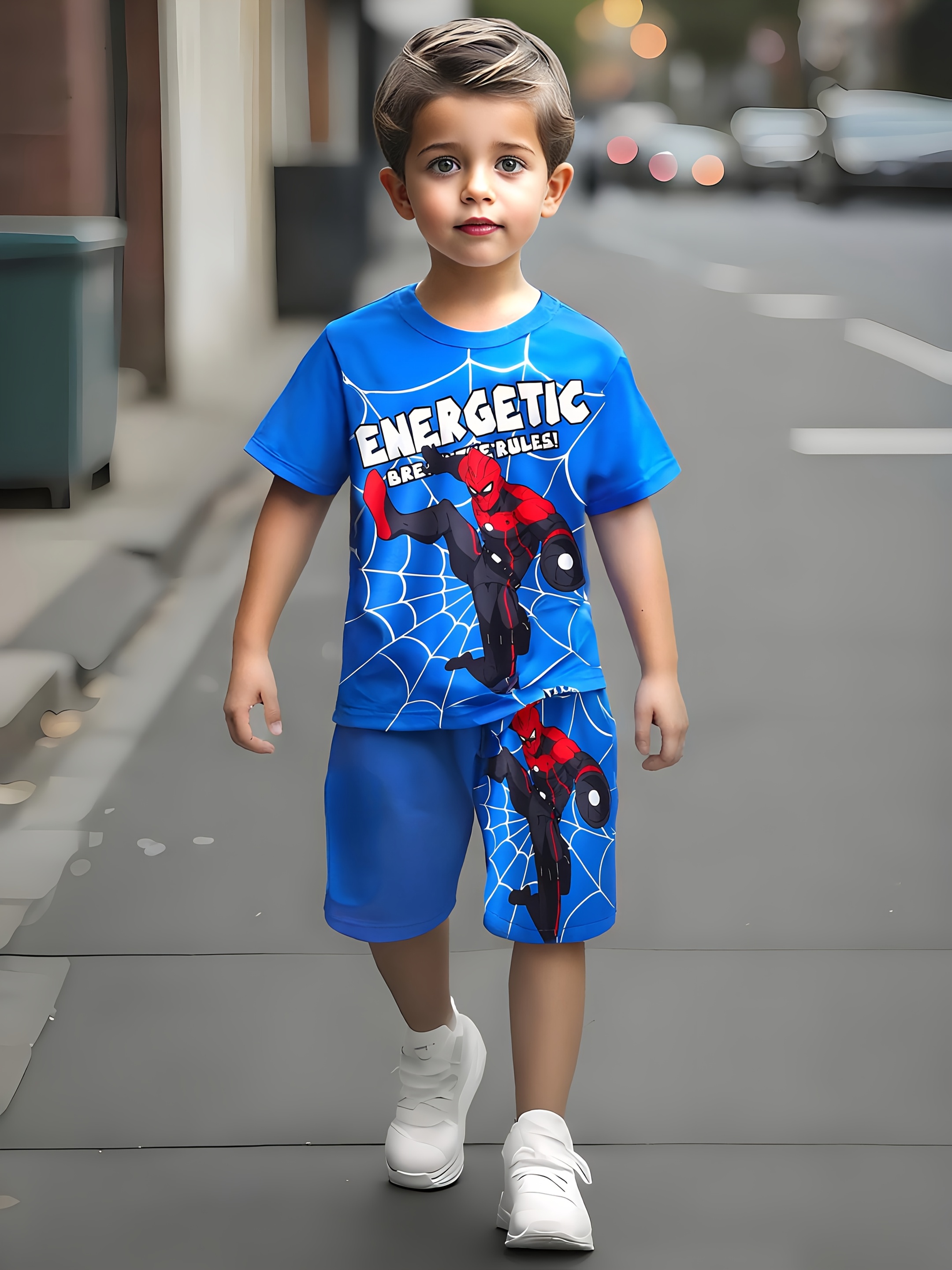 2pcs set boys 3d print cartoon spider web letter design   with   t shirt and shorts seasonal fashion boys clothing comfortable breathable and cool suitable for daily wear and outdoor activities ideal for outdoor use as a gift