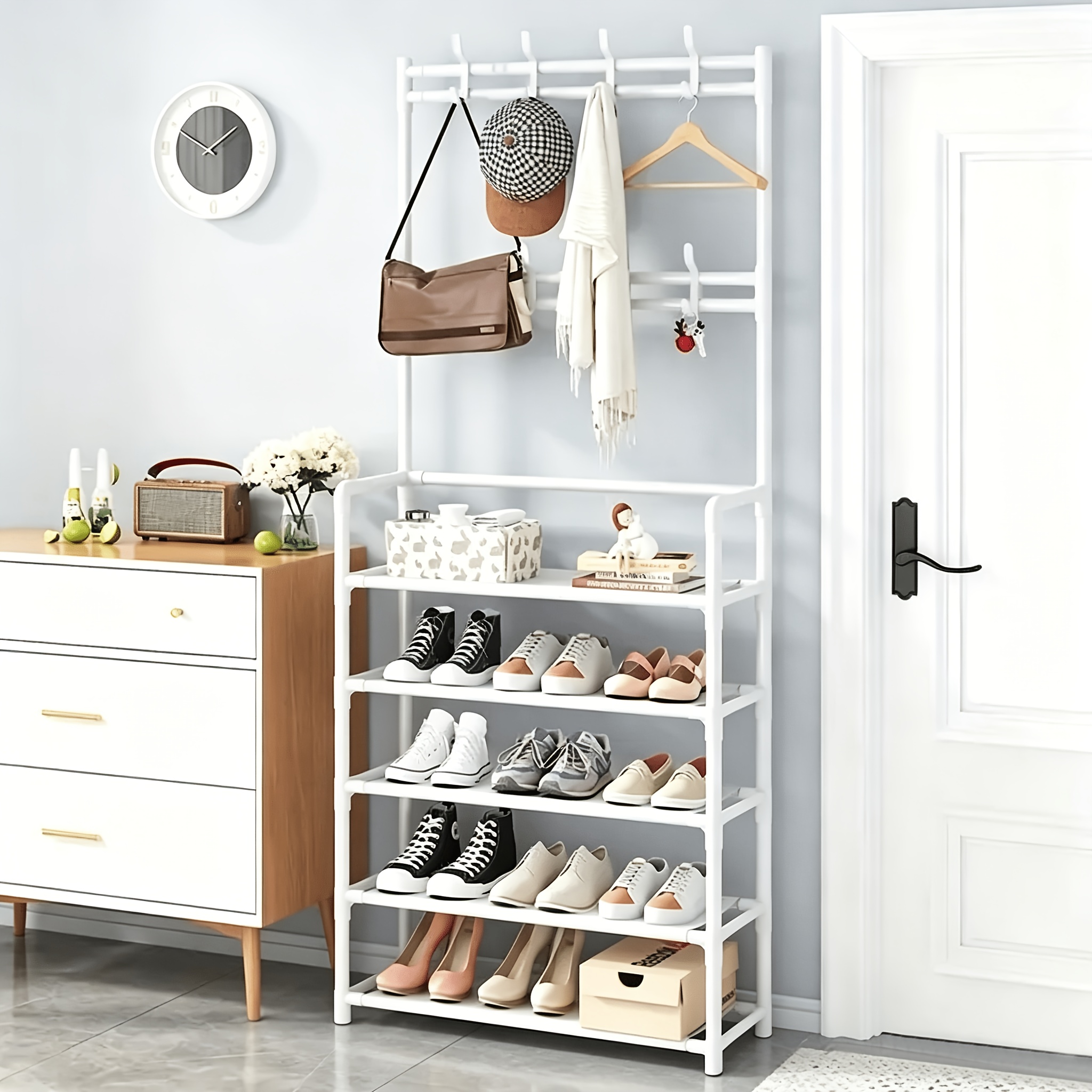 TEMU 4-5 Floor Entrance Storage Shoe Rack - Stylish Hat Rack With Hooks And Shoe Storage Boxes - Foldable Assembly, A Multi-functional Entrance Shoe