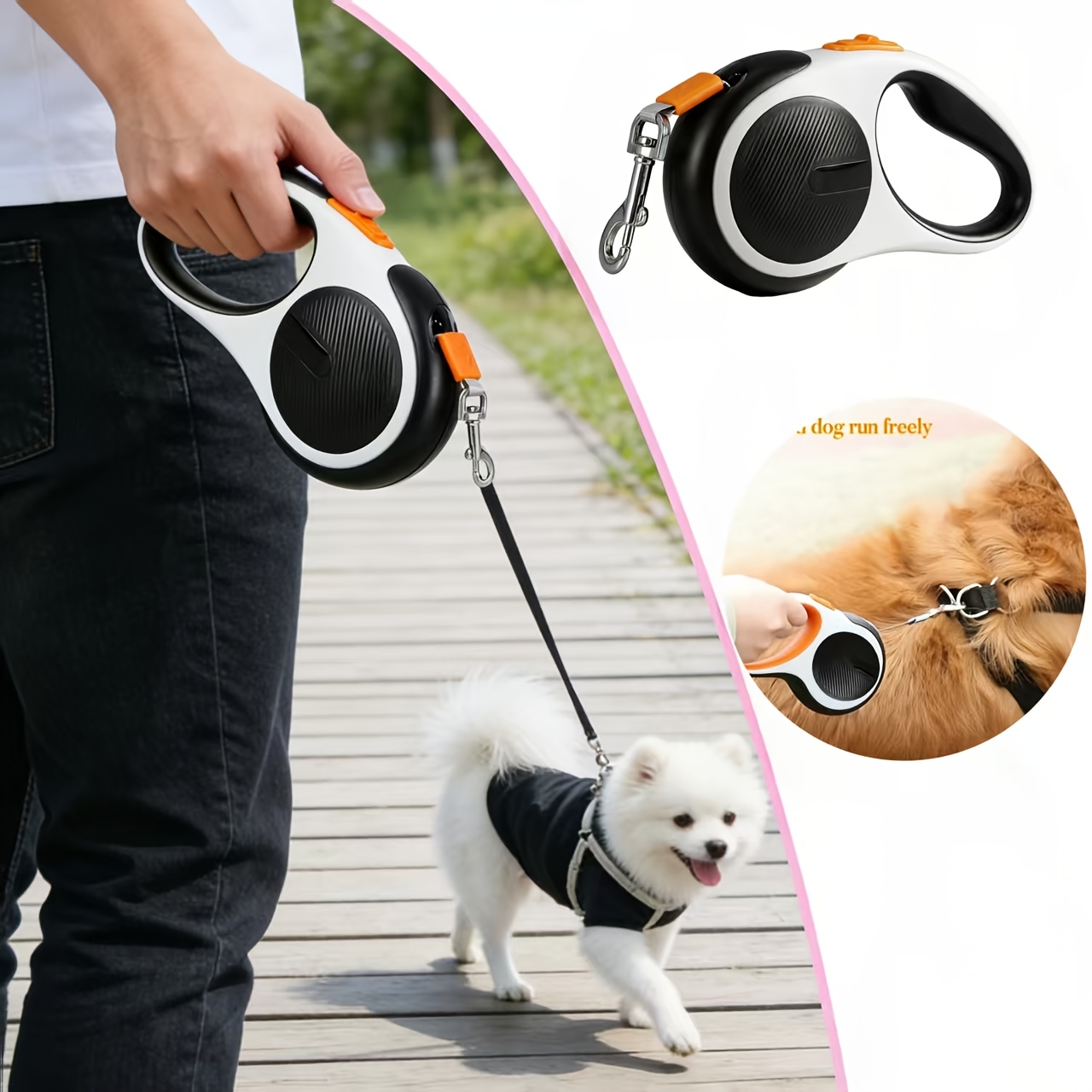 TEMU Retractable Dog Leash - Suitable For Pets Up To 65 Lbs (29.9kg) | Heavy-duty Reflective Nylon Strap, -free, Non-slip Handle, One-button Control