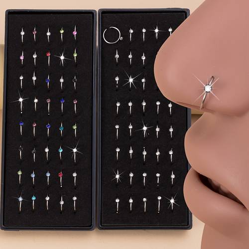 40个/盒 合成氧化锆鼻环 不锈钢鼻孔穿孔饰品 鼻环 8mm 骨垫 鼓膜耳环 - 随机颜色