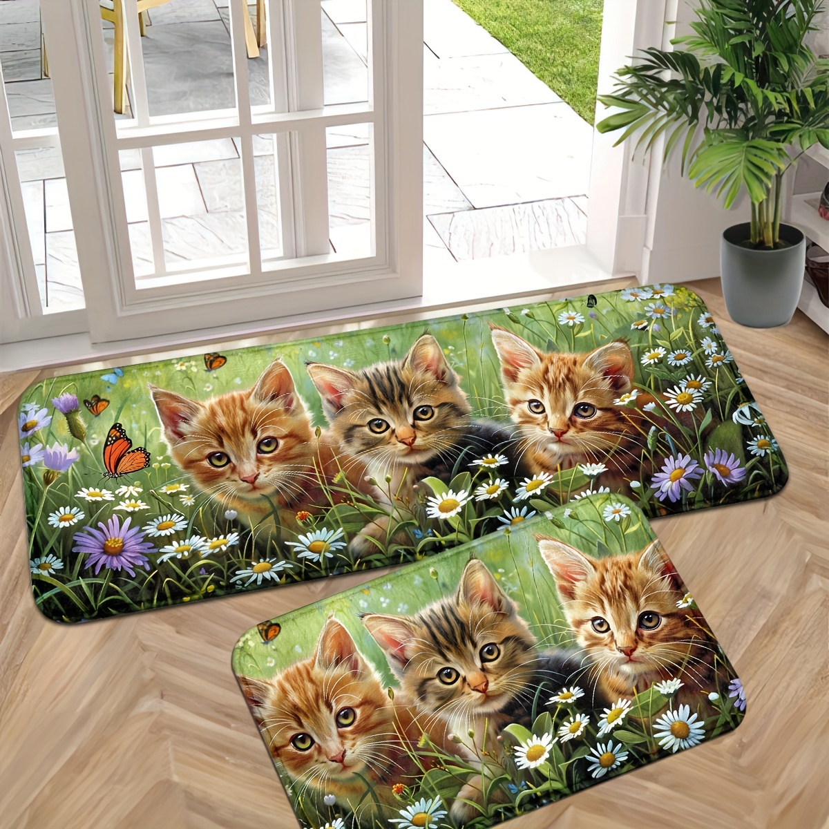 

Kittens And Butterflies Daisy Mat: Adorable Kittens In A Field Of Wildflowers - Perfect For Your Entryway Or Kitchen - Non-slip, Machine Washable, And Made Of Durable Polyester