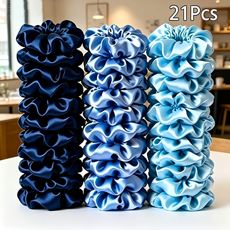 TEMU 21pcs Satin Hair Band Set - Marine Blue Hair Cord | Navy Blue, Sky Blue And Light Blue | Women's Gradient Hair Additions