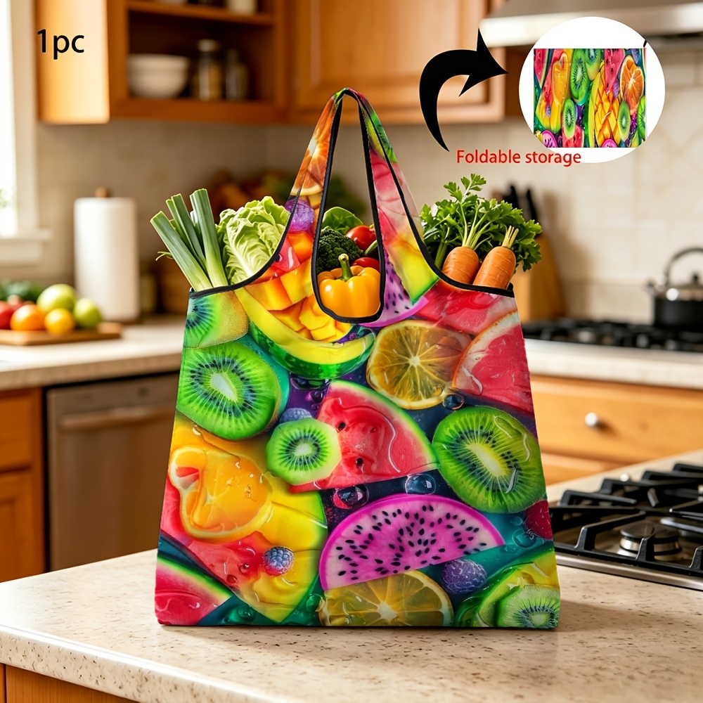 TEMU 1pc Reusable Grocery Bags Colorful Mixed Fruits Printed Foldable Shopping Bag For And Outdoor Shopping Use