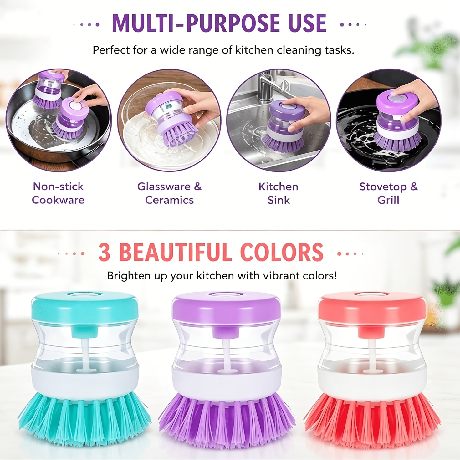TEMU 3pcs Set Of Press-type Liquid Filling Dish Brushes With Soap Dispenser, Suitable For Tableware, Pots And Pans, Kitchen Sink Cleaning, Random