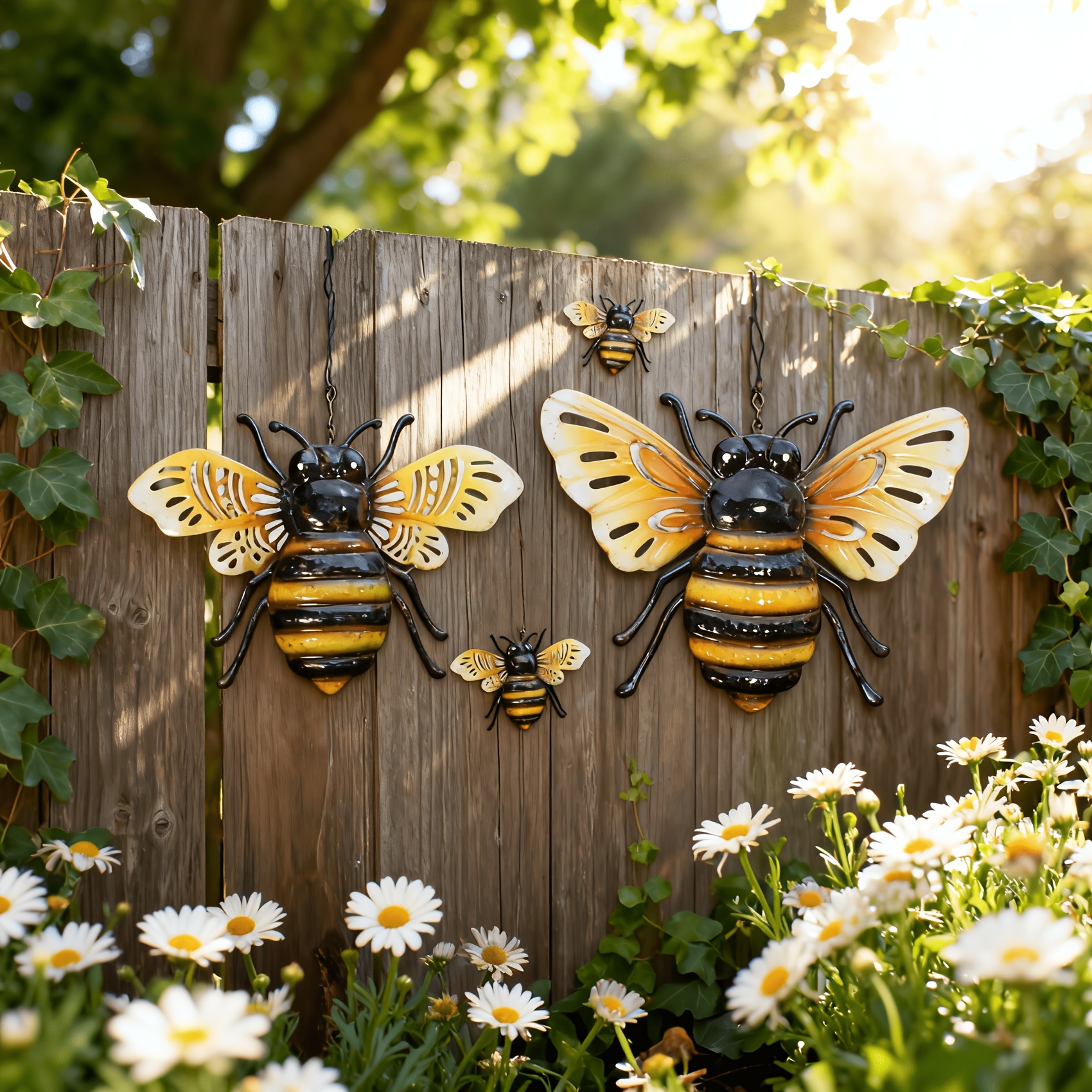 TEMU 2d Flat, [2d Flat] 2pcs 2d Flat Acrylic Bee Wall Art, Realistic Colorful Bee Sculptures With Glass Wings, Rust-proof Outdoor Garden Fence Decor,
