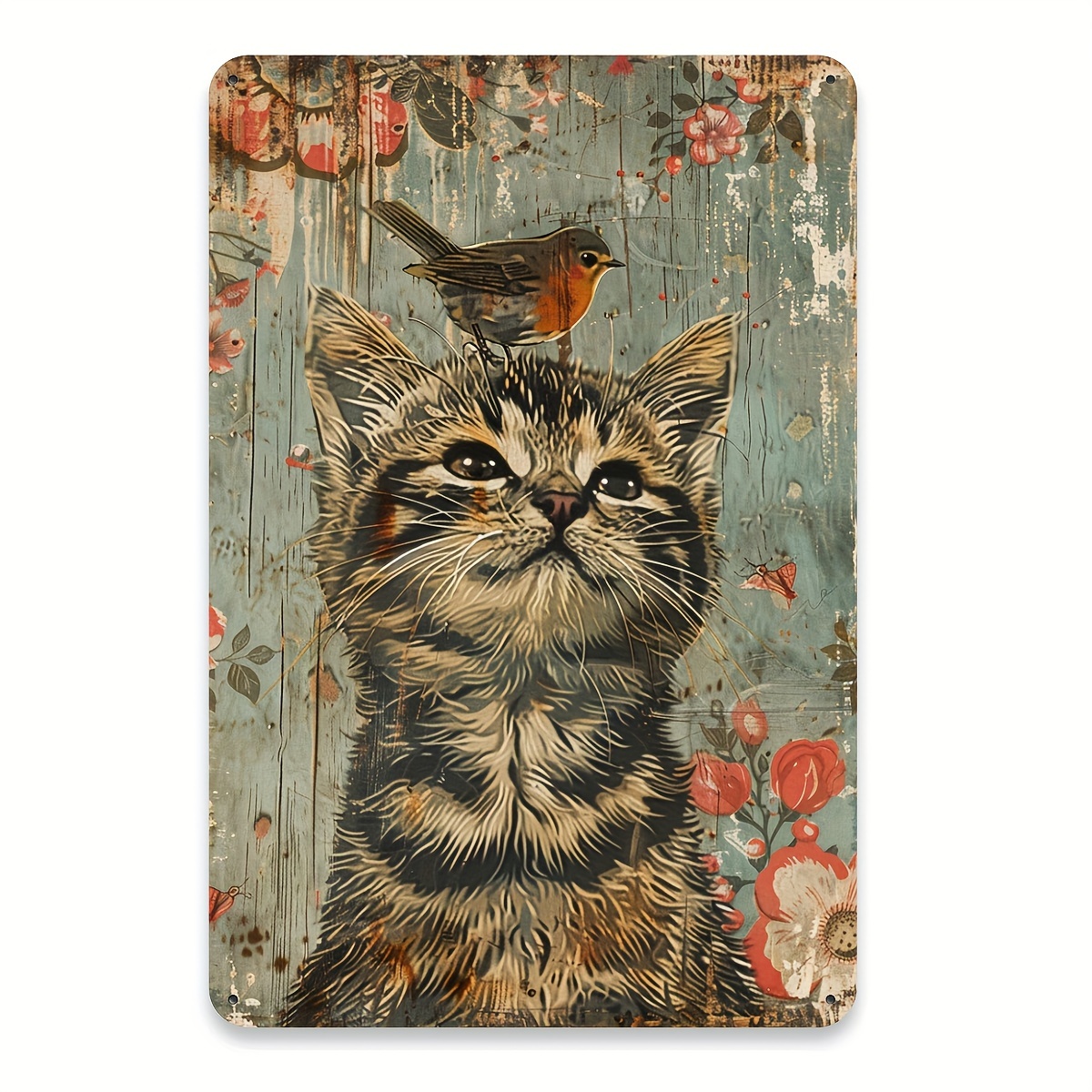 TEMU 1 Pièce, Plaque Métallique Vintage Chat et Oiseau, Décoration Murale en Fer, 20.32X30.48 Cm, Peinture en Fer Intérieur Extérieur, pour Maison,