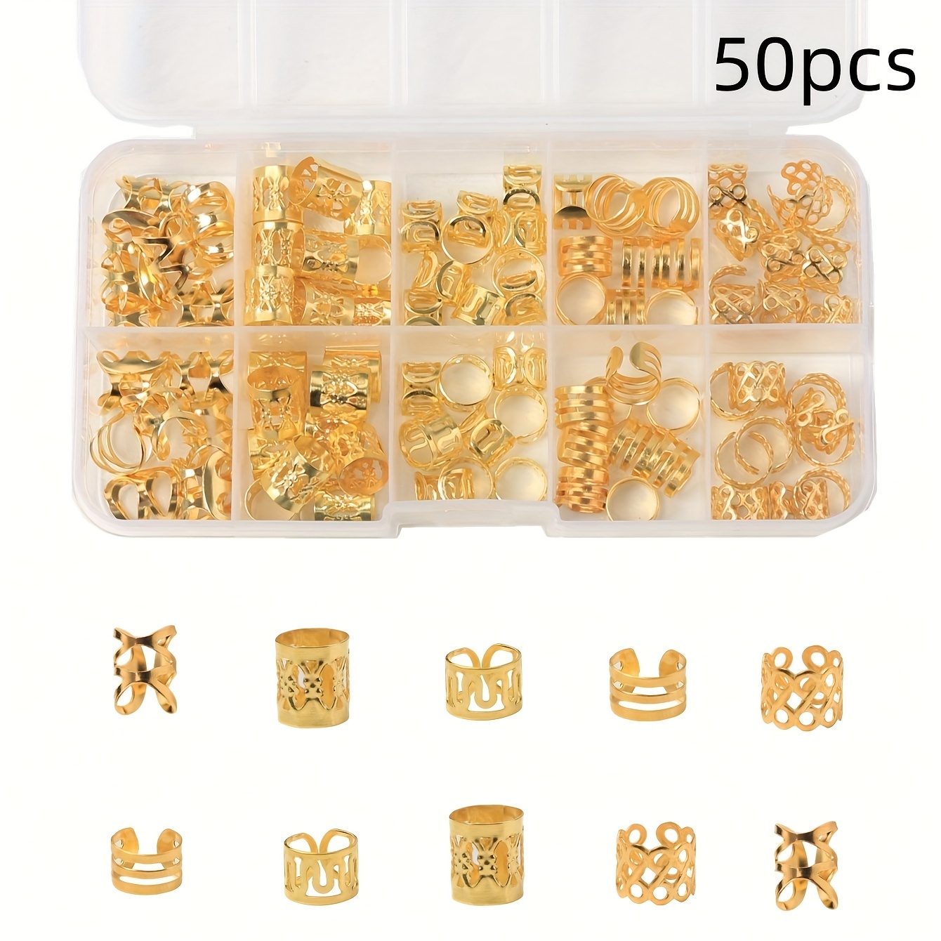 TEMU 50pcs Braiding Mixed Set, Hair Dreadlock Accessory Braid, Metal Braids Rings Cuffs Clips For Dreadlock Accessory Jewelry Decorations Without Box