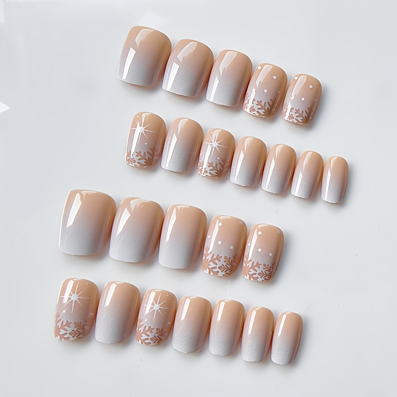 TEMU 24pcs Winter Christmas Press-on Nails Suitable For Ladies - Short Square False Nails With Nude Beige Gradient & White Snowflake Star Glossy